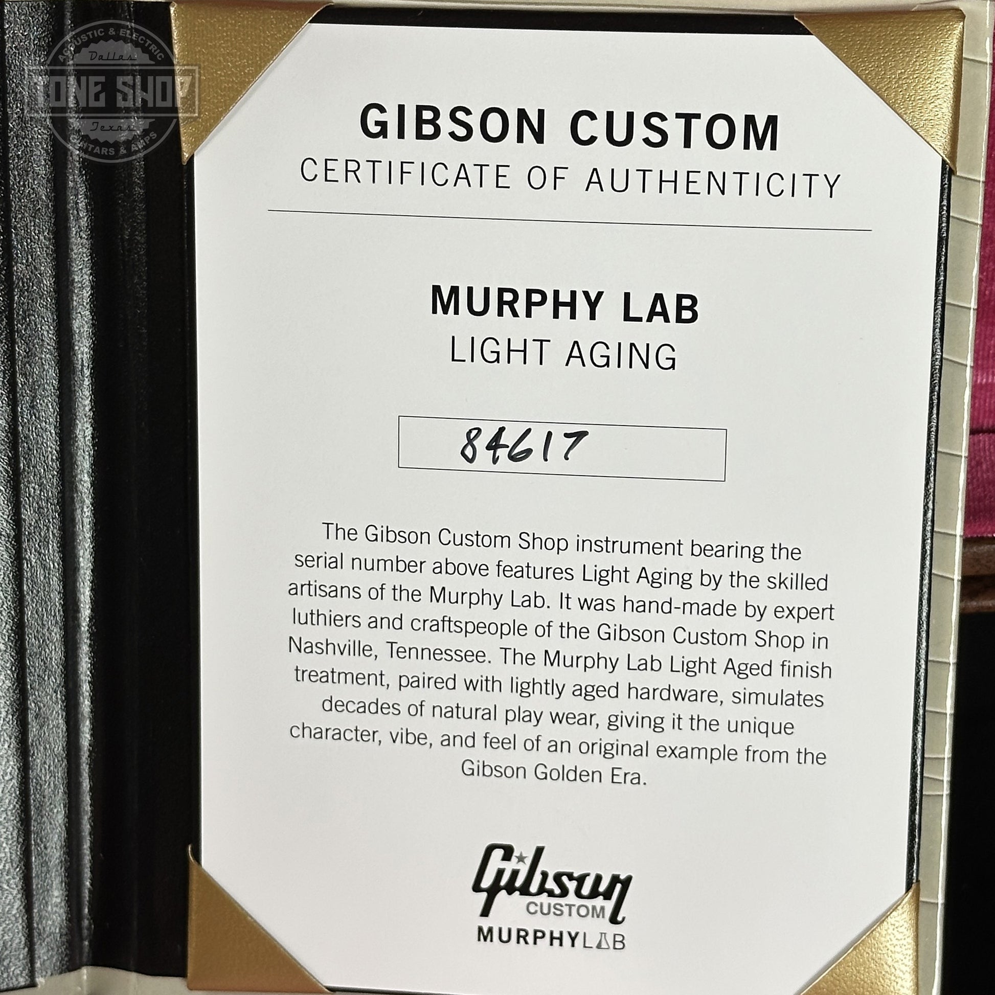 Certificate of Authenticity for Gibson Custom Dealer Select 1958 Les Paul Chambered Lemon Burst Light Aged 84617.