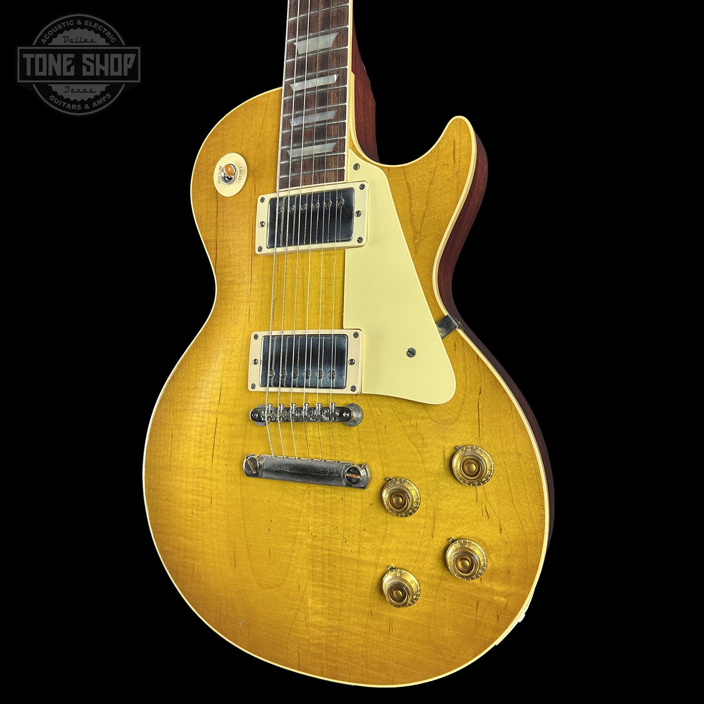 Front right angle of Gibson Custom Dealer Select 1958 Les Paul Chambered Lemon Burst Light Aged 84617.