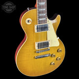 Front left angle of Gibson Custom Dealer Select 1958 Les Paul Chambered Lemon Burst Light Aged 84617.