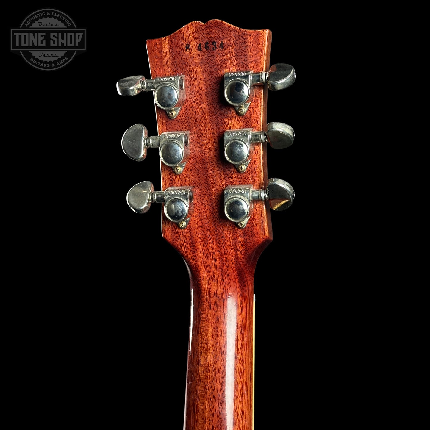 Back of Gibson Custom Dealer Select 1958 Les Paul Chambered Lemon Burst Light Aged 84634 headstock.
