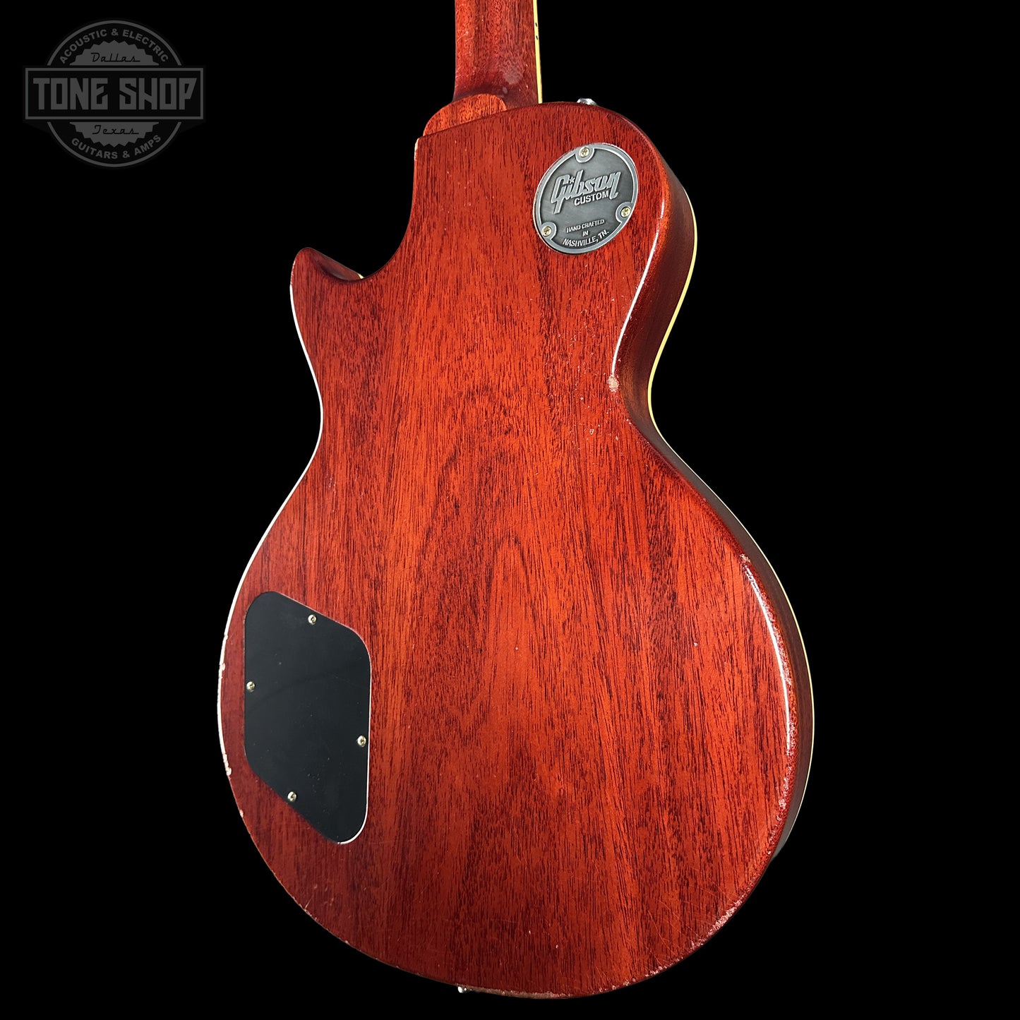 Back right angle of Gibson Custom Dealer Select 1958 Les Paul Chambered Lemon Burst Light Aged 84634 body.