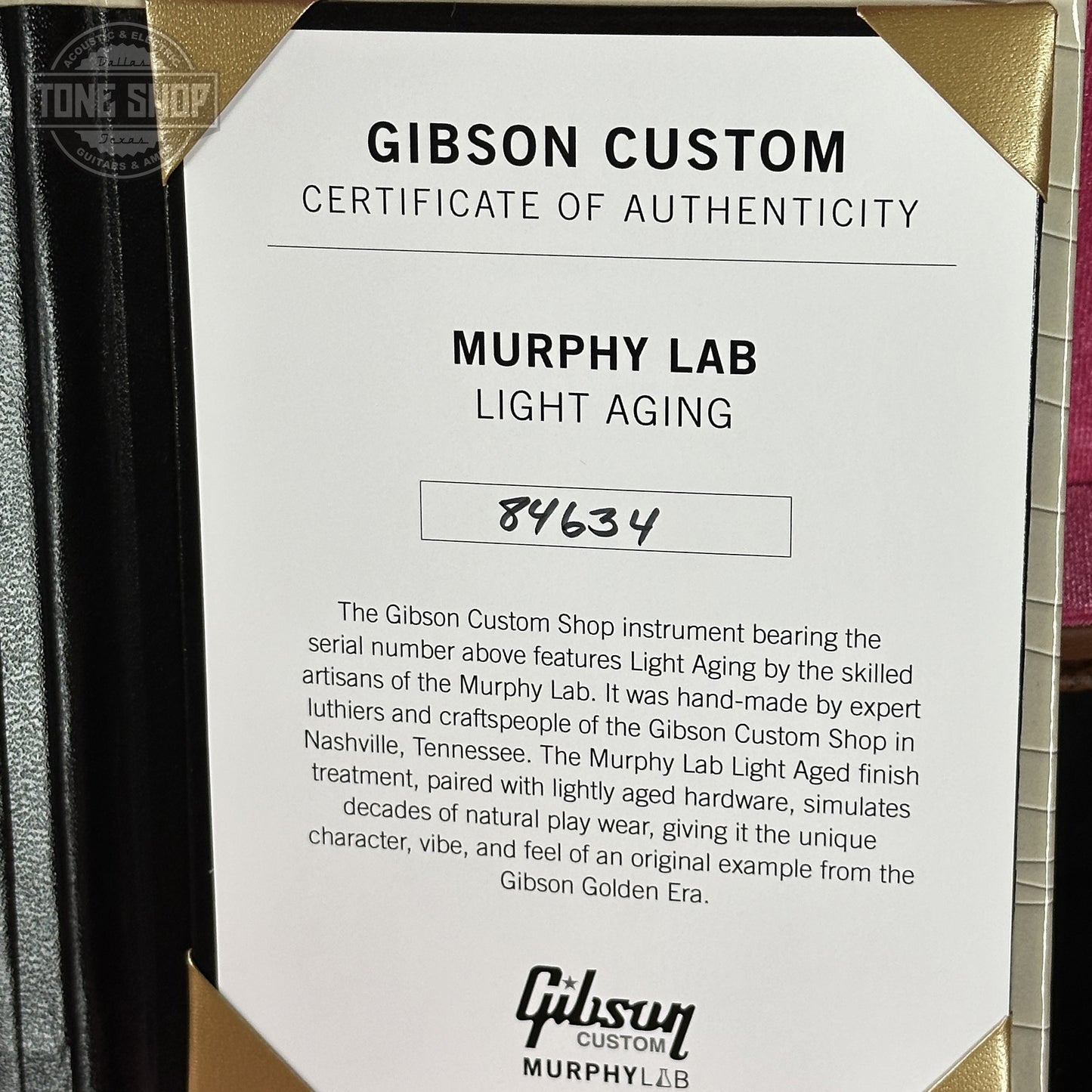 Certificate of Authenticity for Gibson Custom Dealer Select 1958 Les Paul Chambered Lemon Burst Light Aged 84634.