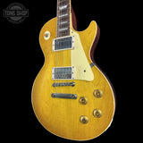 Front right angle of Gibson Custom Dealer Select 1958 Les Paul Chambered Lemon Burst Light Aged 84634.