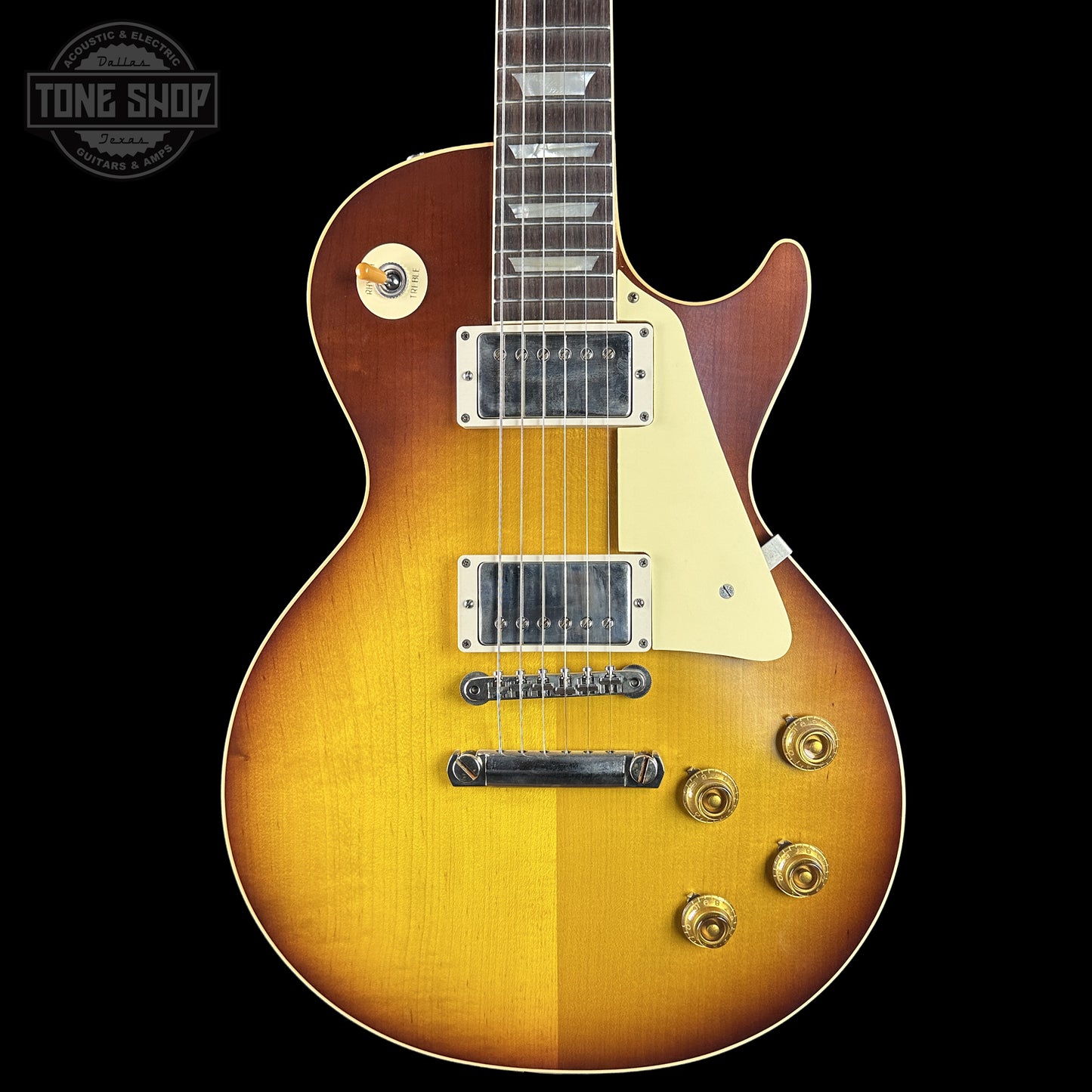 Front of Gibson Custom Dealer Select 1958 Les Paul Chambered Slow Iced Tea Fade VOS 84979.