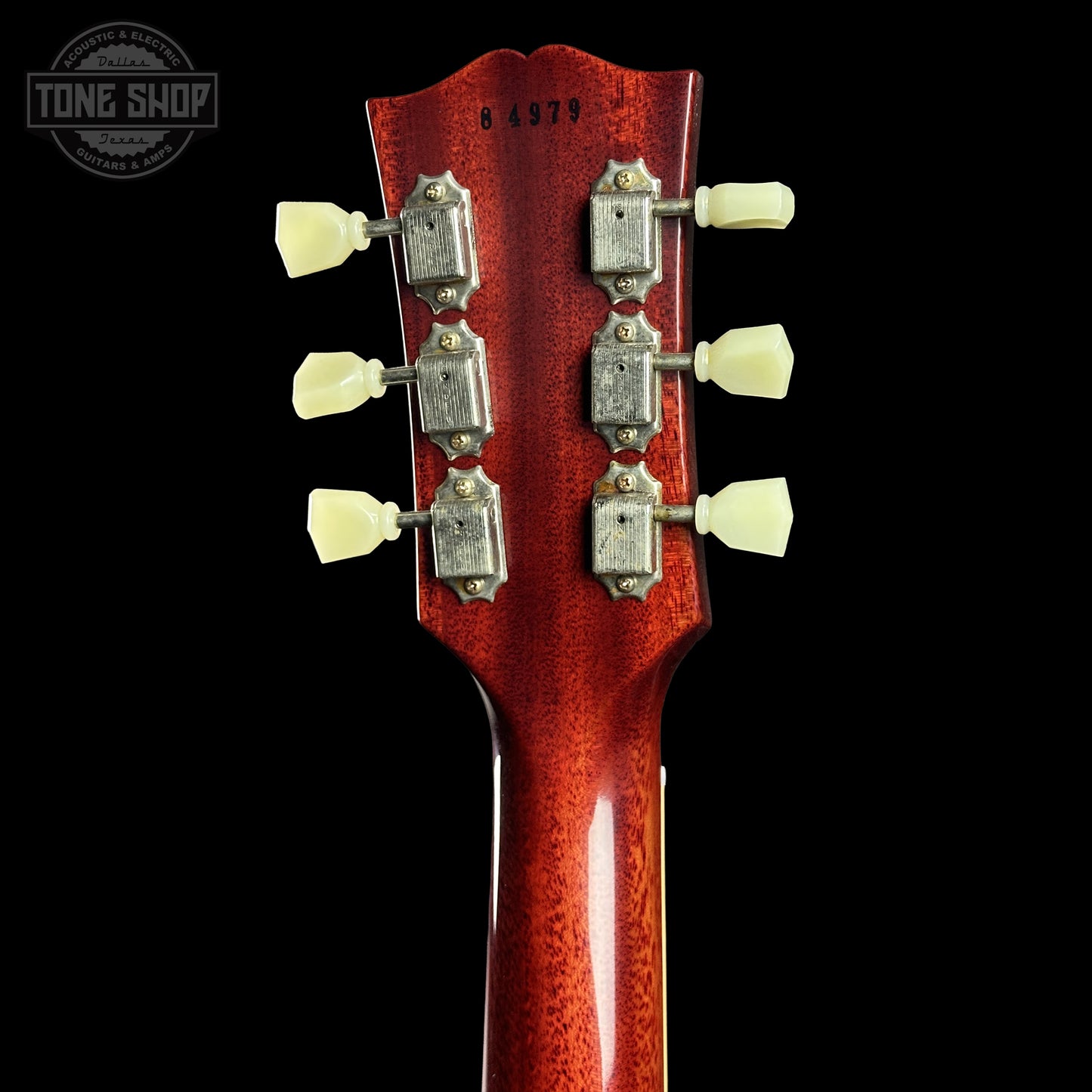 Back of Gibson Custom Dealer Select 1958 Les Paul Chambered Slow Iced Tea Fade VOS 84979 headstock.