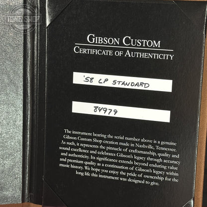 Certificate of Authenticity for Gibson Custom Dealer Select 1958 Les Paul Chambered Slow Iced Tea Fade VOS 84979.