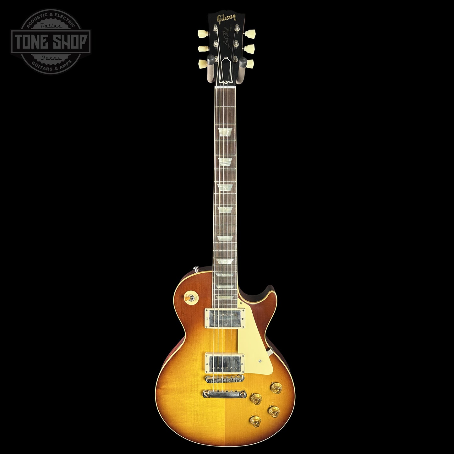 Full frontal of Gibson Custom Dealer Select 1958 Les Paul Chambered Slow Iced Tea Fade VOS 84979.