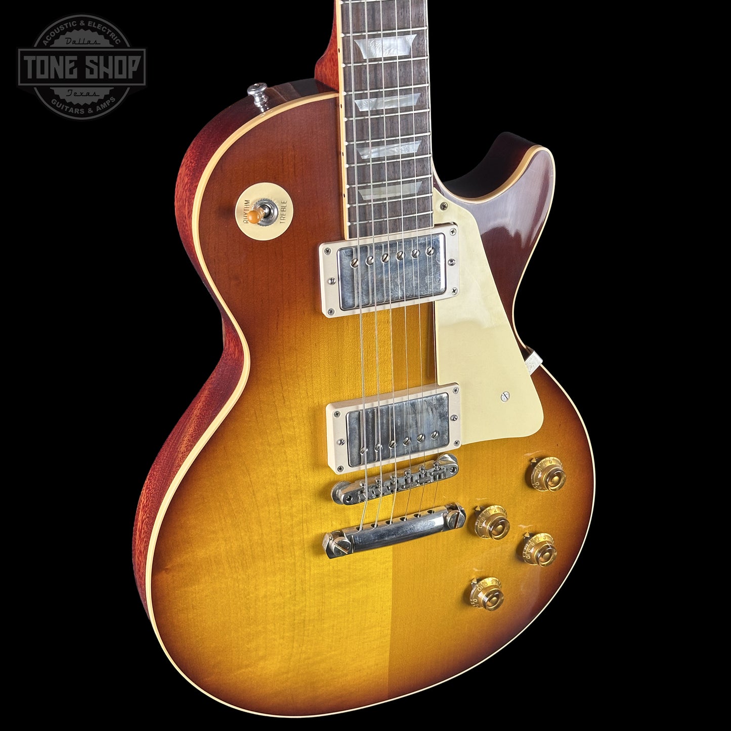 Front left angle of Gibson Custom Dealer Select 1958 Les Paul Chambered Slow Iced Tea Fade VOS 84979.