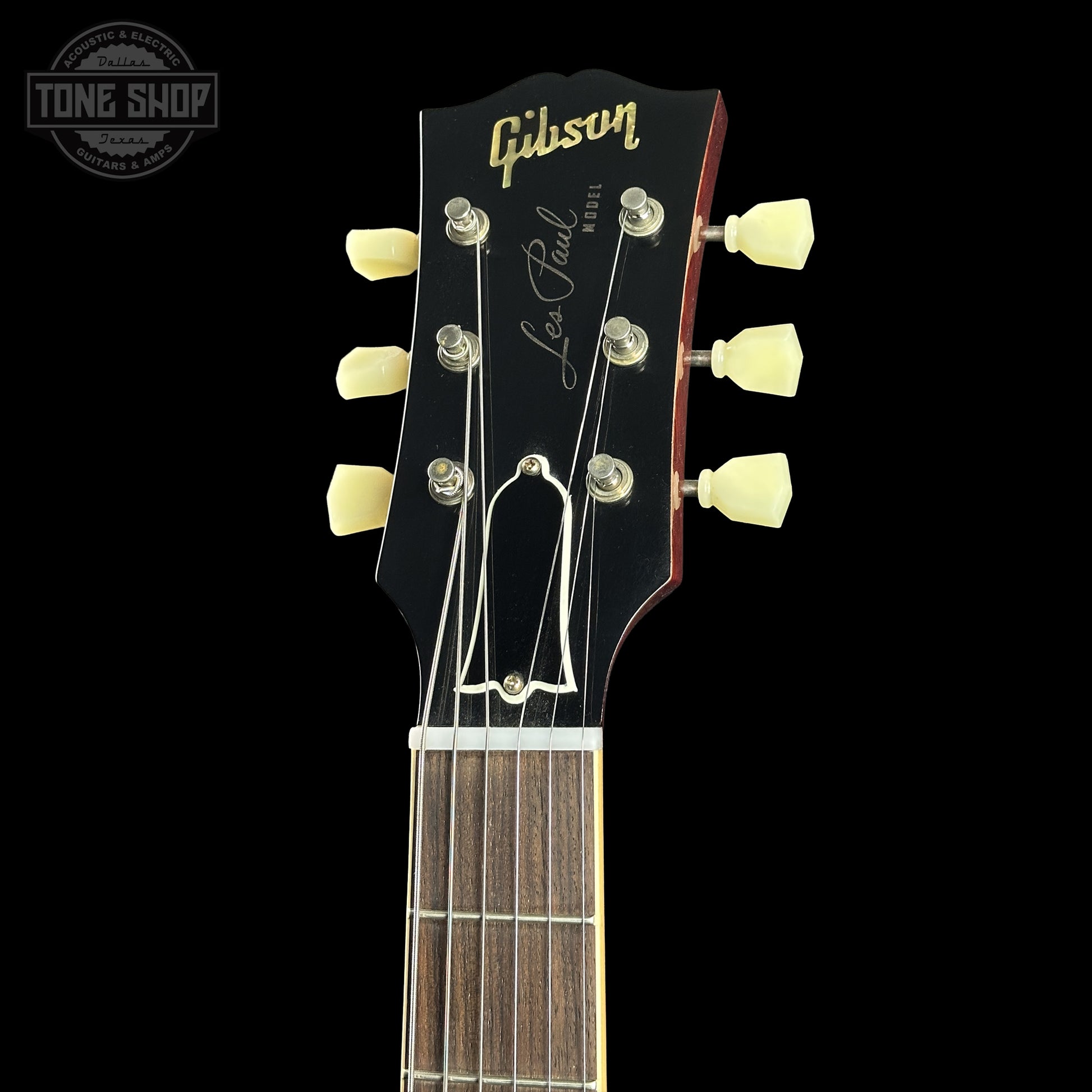 Headstock of Gibson Custom Dealer Select 1958 Les Paul Chambered Slow Iced Tea Fade VOS 84979.