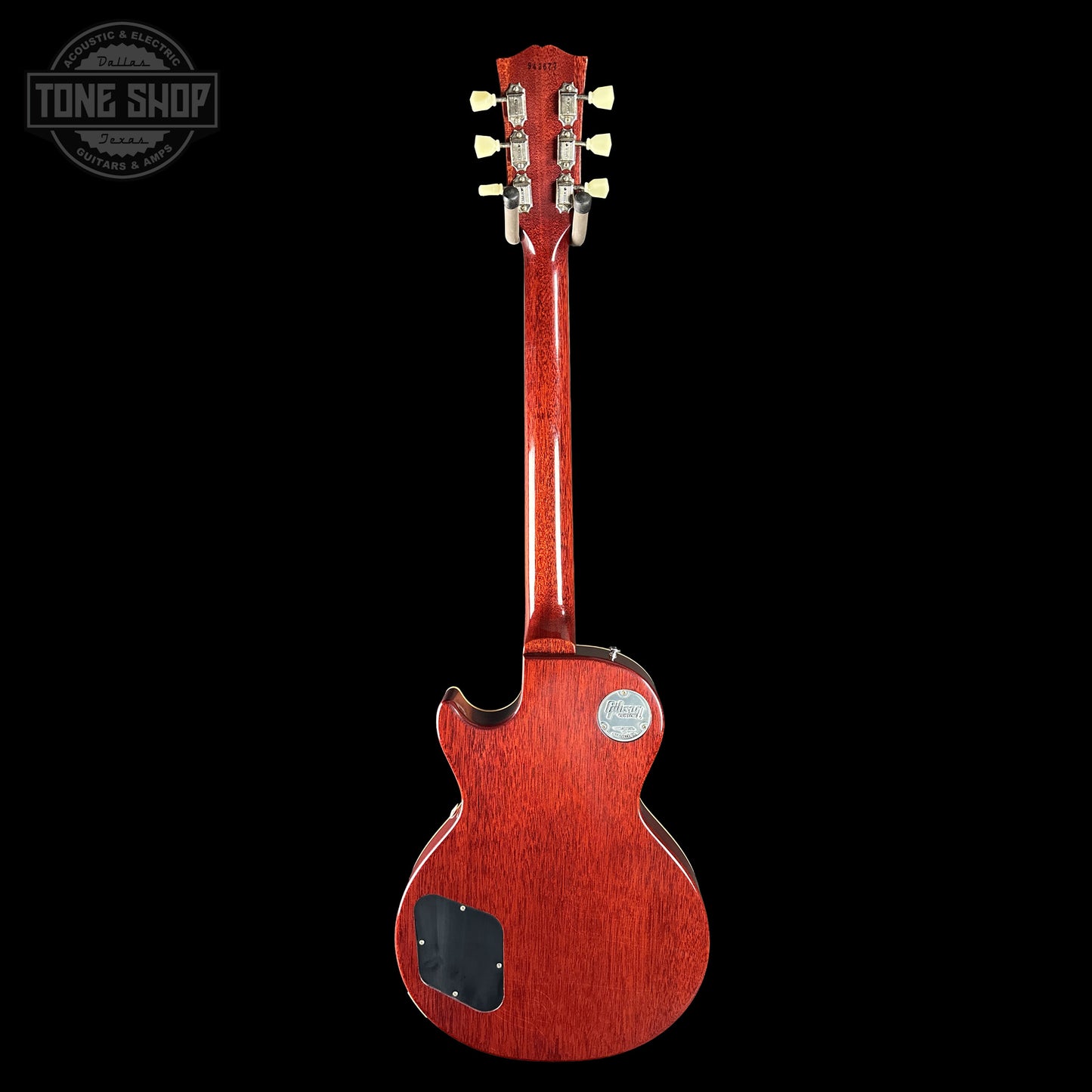 Back of Gibson Custom Dealer Select 1959 Les Paul Chambered Lemon Burst Ultra Light Aged 943677 body.