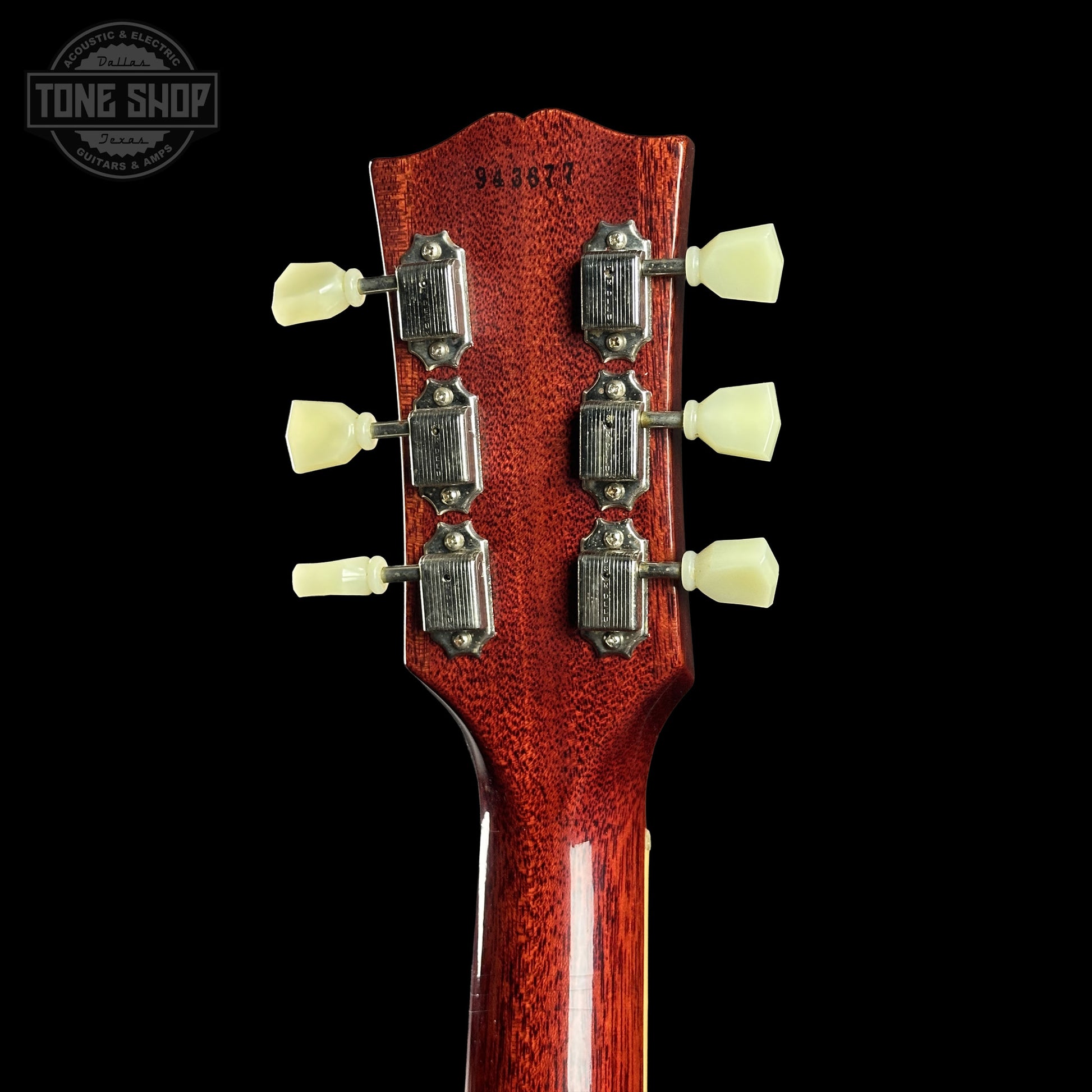 Back of Gibson Custom Dealer Select 1959 Les Paul Chambered Lemon Burst Ultra Light Aged 943677 headstock.