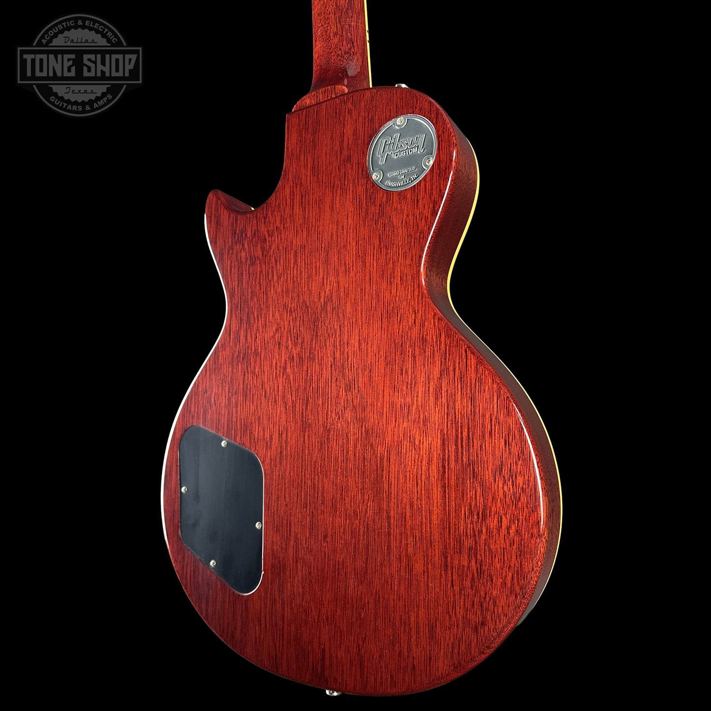 Back right angle of Gibson Custom Dealer Select 1959 Les Paul Chambered Lemon Burst Ultra Light Aged 943677.