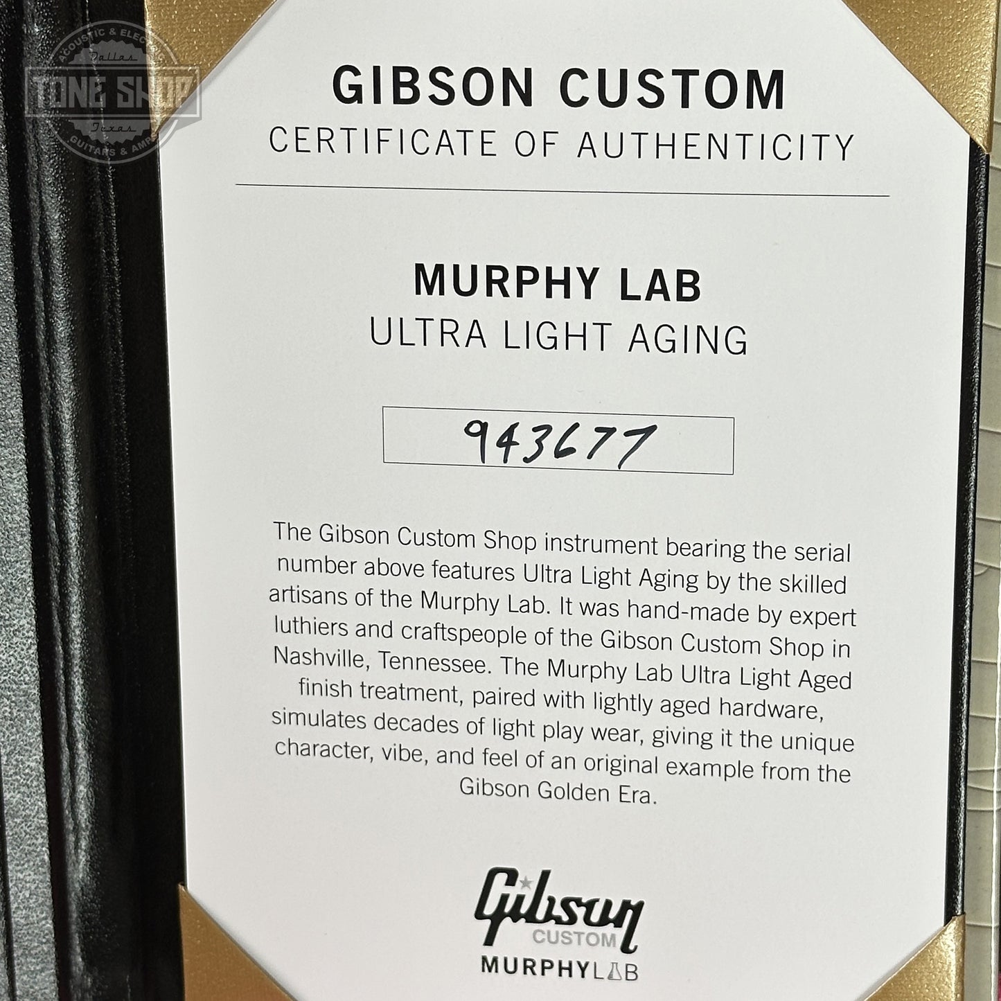 Certificate of Authenticity of Gibson Custom Dealer Select 1959 Les Paul Chambered Lemon Burst Ultra Light Aged 943677.