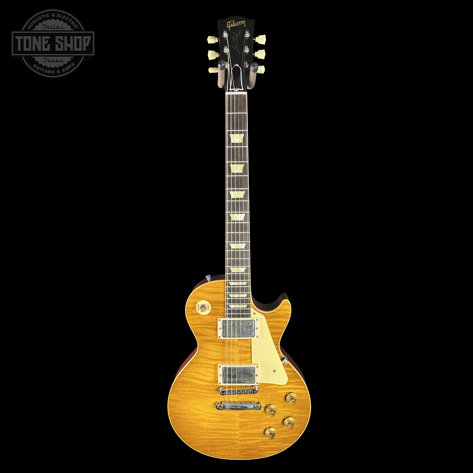 Full frontal of Gibson Custom Dealer Select 1959 Les Paul Chambered Lemon Burst Ultra Light Aged 943677.