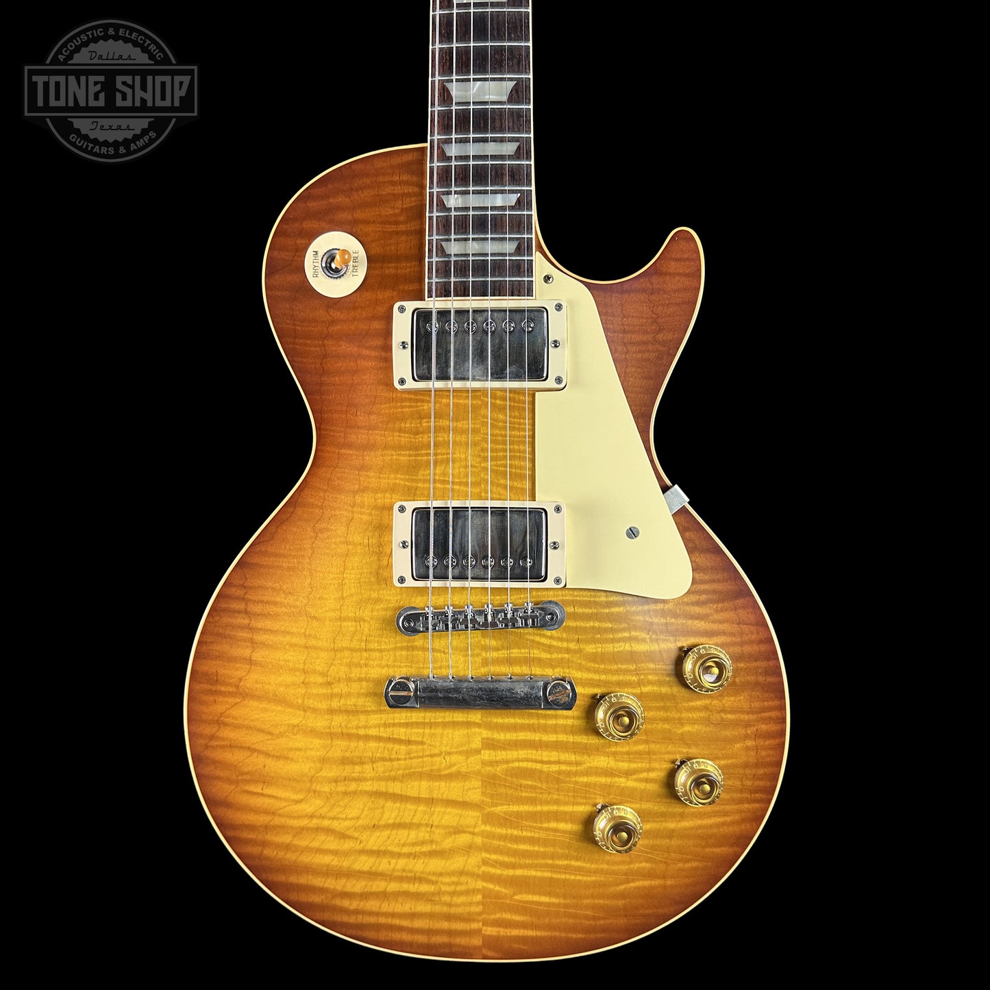 Front of Gibson Custom Dealer Select 1959 Les Paul Chambered Slow Iced Tea Fade Ultra Light Aged 943218.