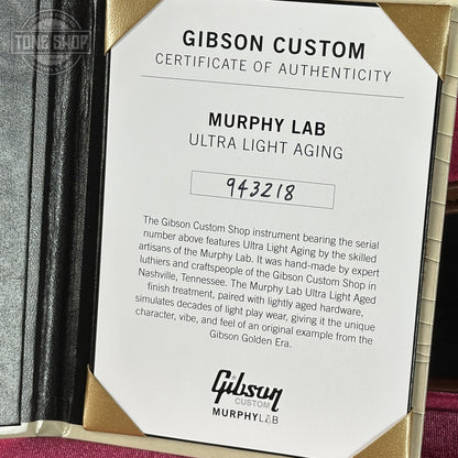 Certificate of Authenticity for Gibson Custom Dealer Select 1959 Les Paul Chambered Slow Iced Tea Fade Ultra Light Aged 943218.
