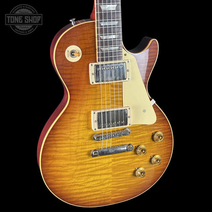 Front left angle of Gibson Custom Dealer Select 1959 Les Paul Chambered Slow Iced Tea Fade Ultra Light Aged 943218.