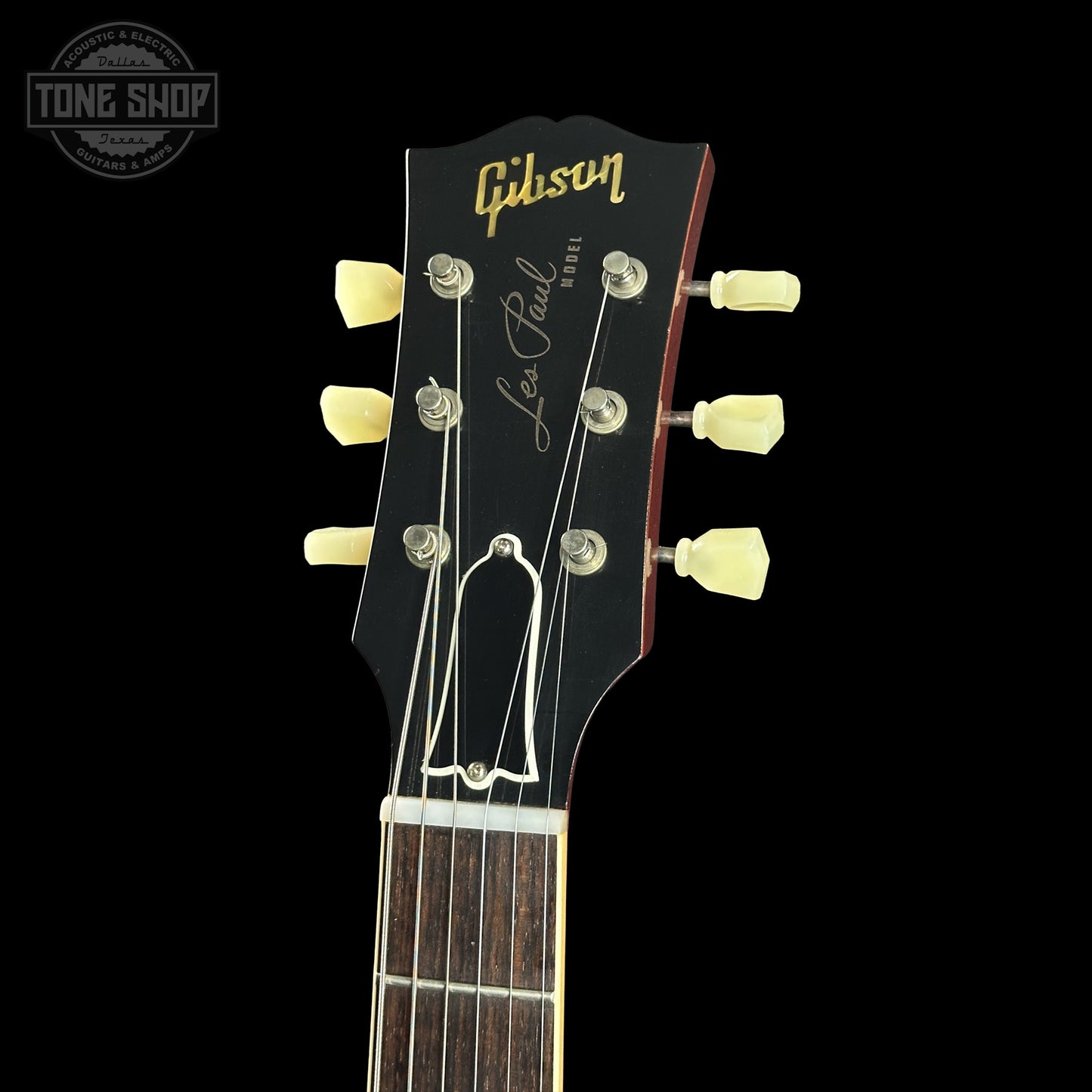 Headstock of Gibson Custom Dealer Select 1959 Les Paul Chambered Slow Iced Tea Fade Ultra Light Aged 943218.