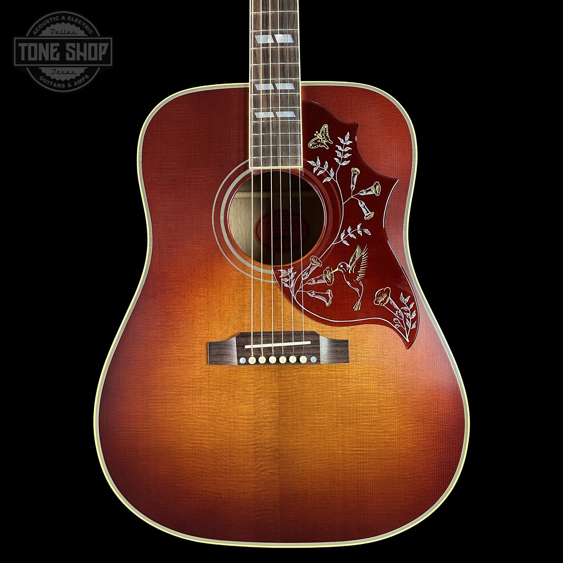 Front of Gibson Custom Dealer Select 1960 Hummingbird Reissue Sinker Heritage Cherry Sunburst 23175191.