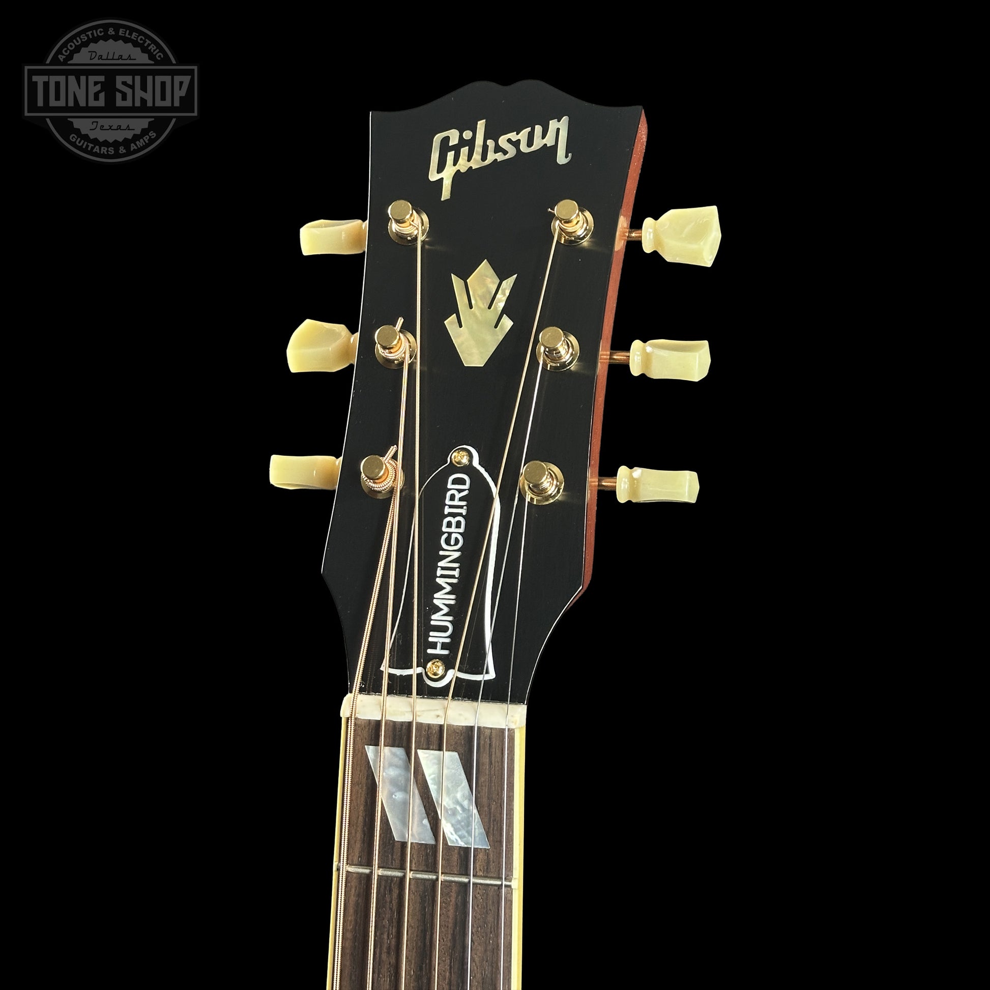 Headstock of Gibson Custom Dealer Select 1960 Hummingbird Reissue Sinker Heritage Cherry Sunburst 23175191.