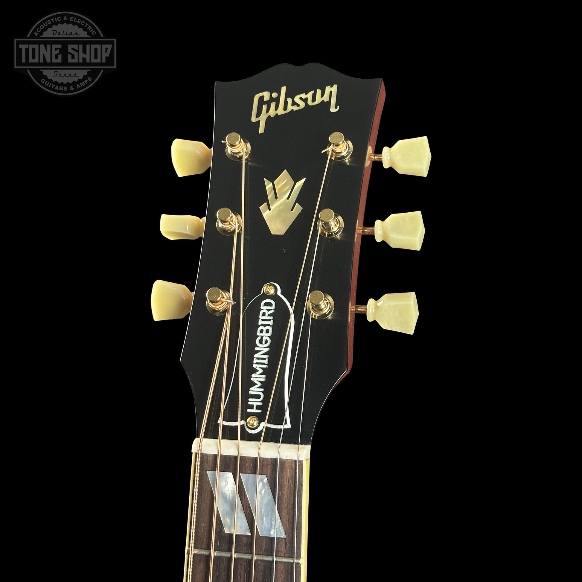 Headstock of Gibson Custom Dealer Select 1960 Hummingbird Reissue Sinker Heritage Cherry Sunburst 23175197.