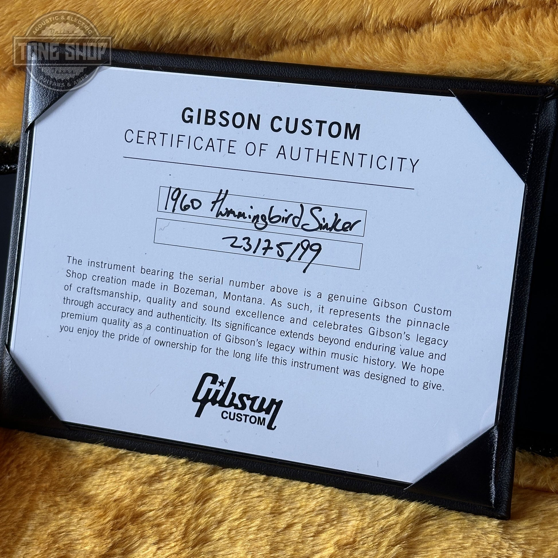 Certificate of Authenticity for Gibson Custom Dealer Select 1960 Hummingbird Reissue Sinker Heritage Cherry Sunburst 23175199.