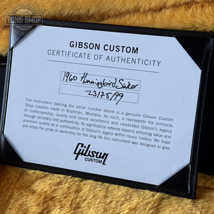Certificate of Authenticity for Gibson Custom Dealer Select 1960 Hummingbird Reissue Sinker Heritage Cherry Sunburst 23175199.