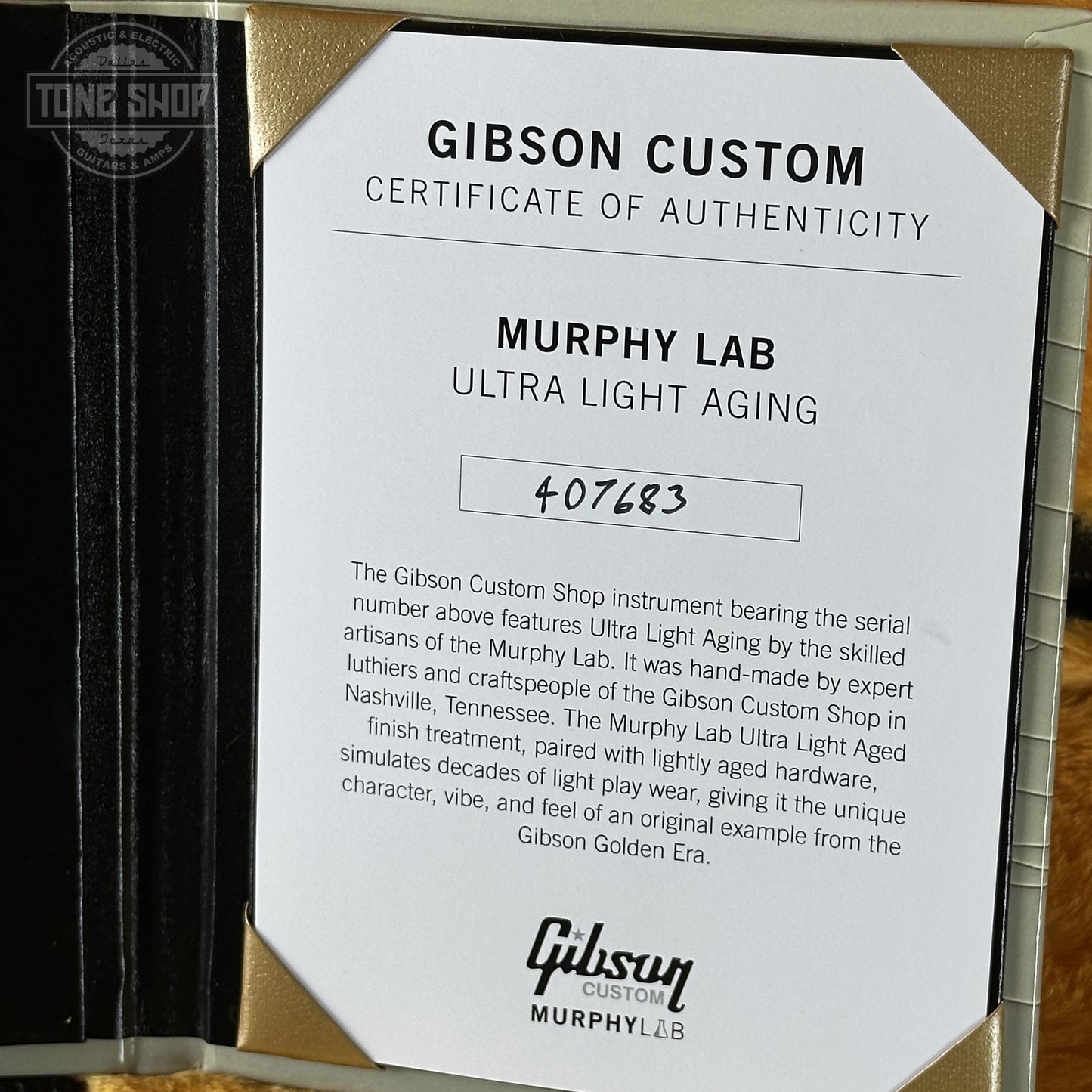 Certificate of Authenticity for Gibson Custom Dealer Select 1963 Firebird V Double Gold Ultra Light Aged 407683.