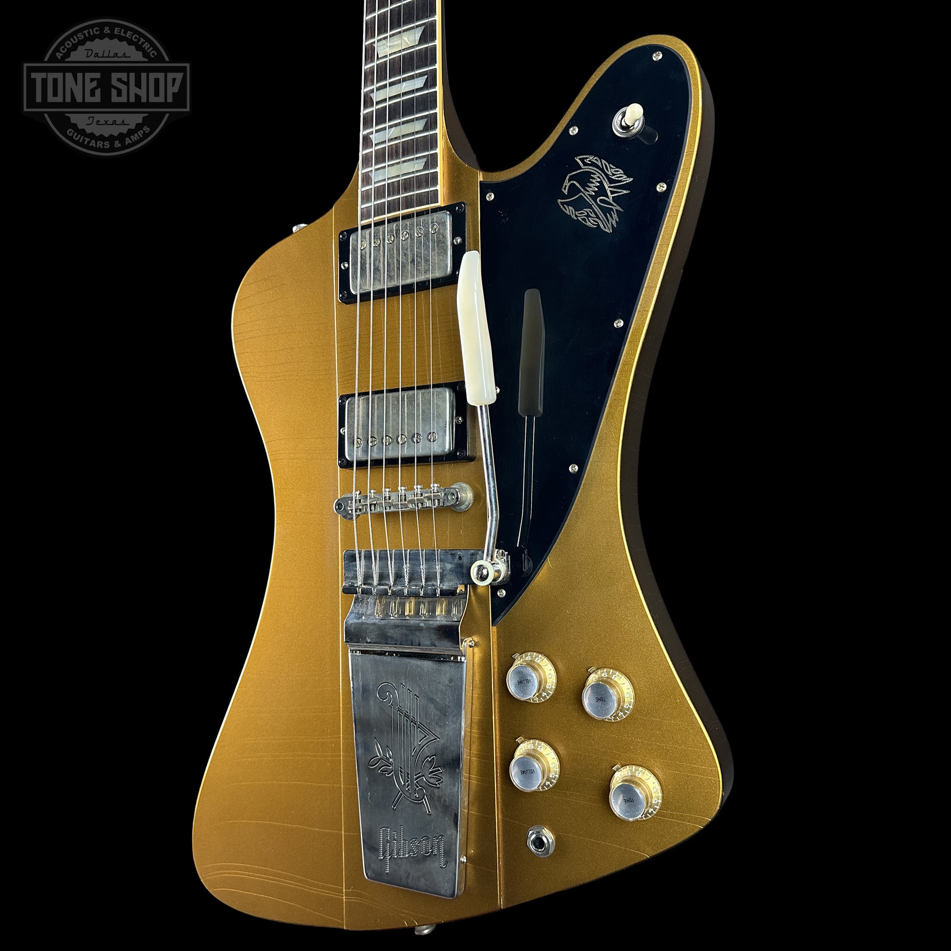 Front right angle of Gibson Custom Dealer Select 1963 Firebird V Double Gold Ultra Light Aged 407683.