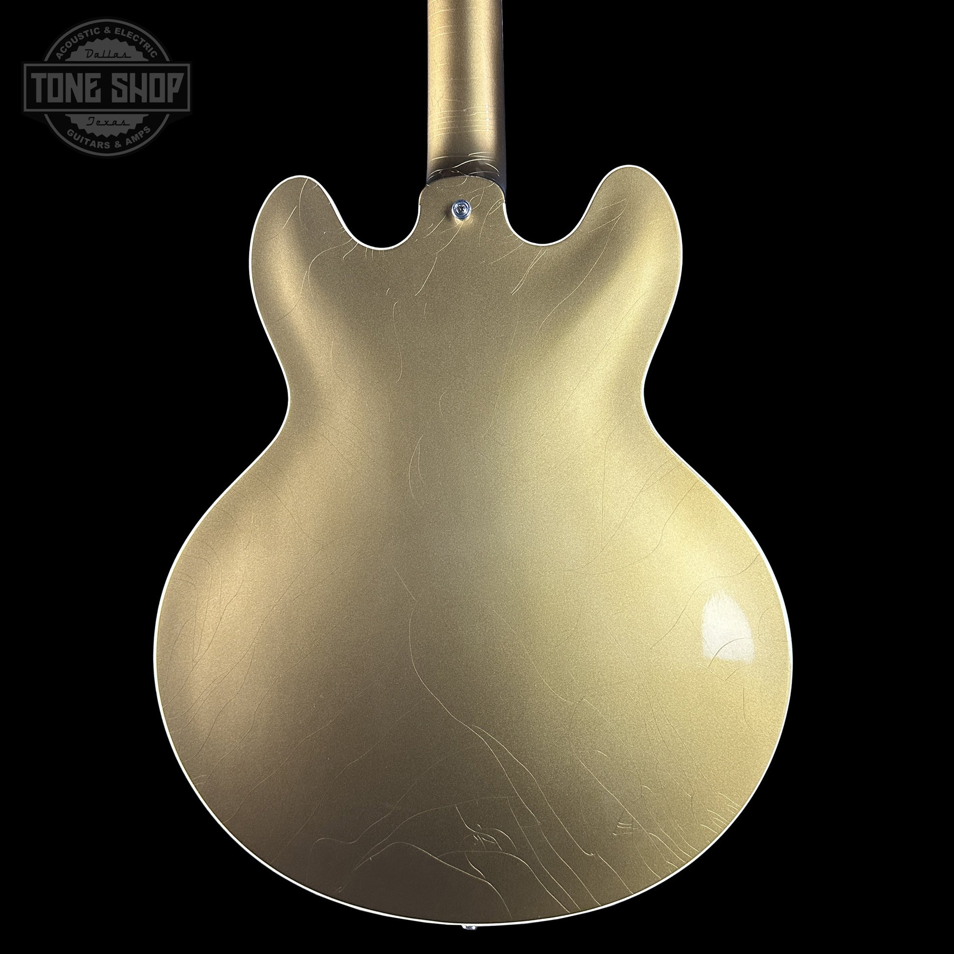 Back of Gibson Custom Dealer Select 1964 ES-335 Double Gold w/Black Stinger Ultra Light Aged body.