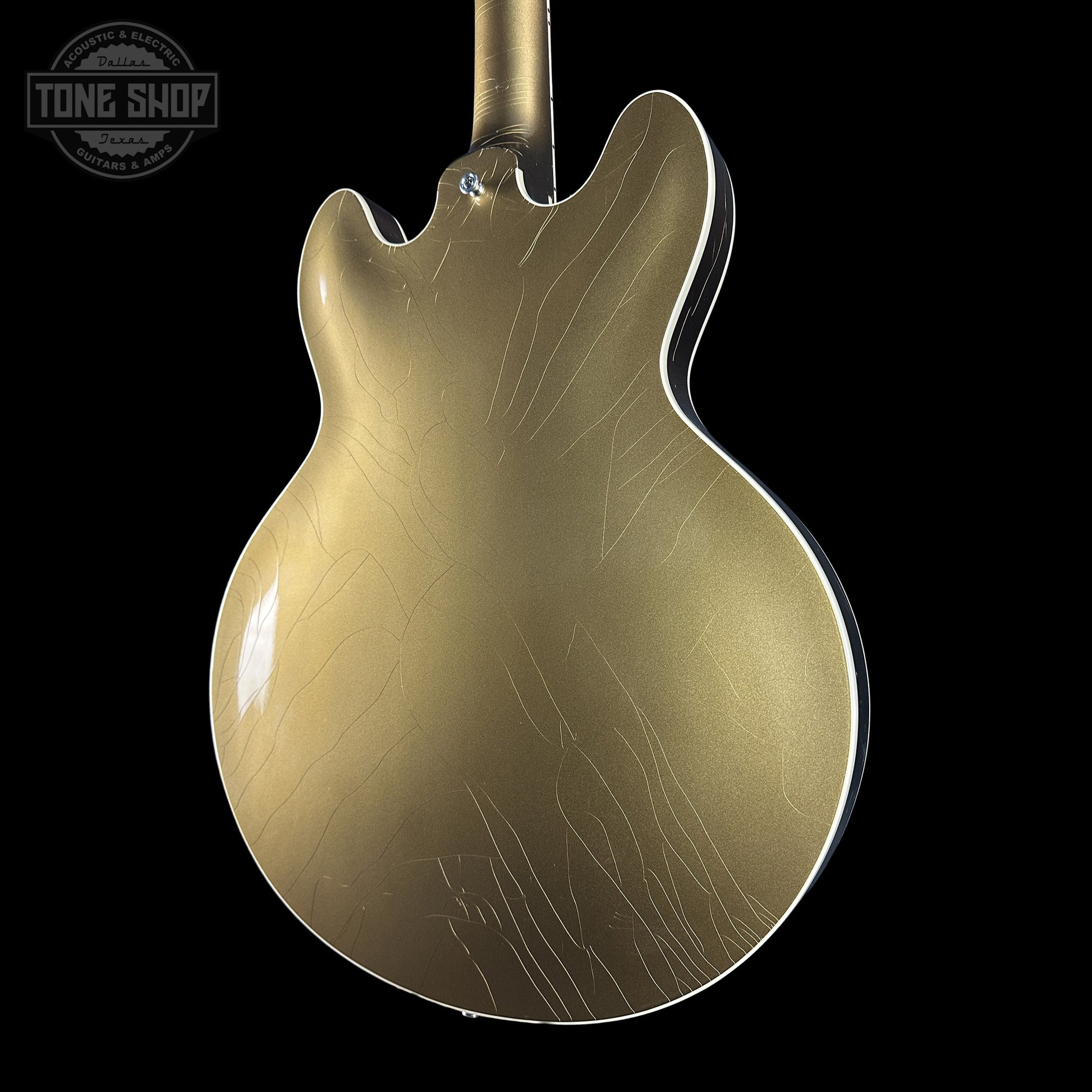 Back right angle of Gibson Custom Dealer Select 1964 ES-335 Double Gold w/Black Stinger Ultra Light Aged.