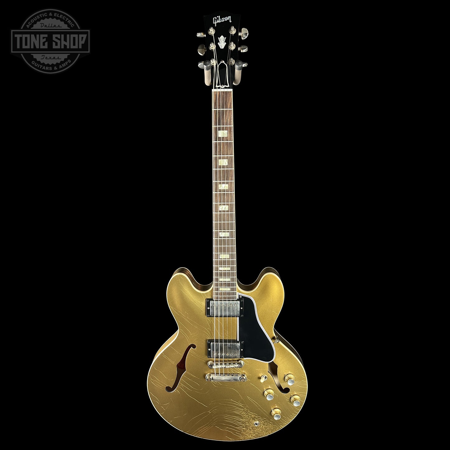 Full frontal of Gibson Custom Dealer Select 1964 ES-335 Double Gold w/Black Stinger Ultra Light Aged.
