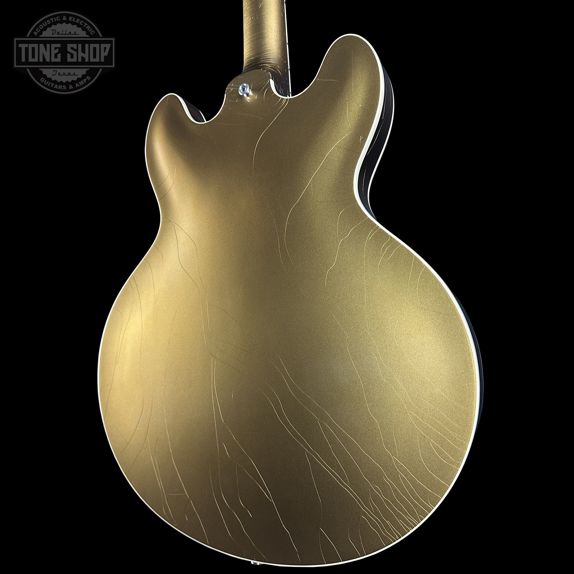 Back right angle of Gibson Custom Dealer Select 1964 ES-335 Double Gold w/Black Stinger Ultra Light Aged body.