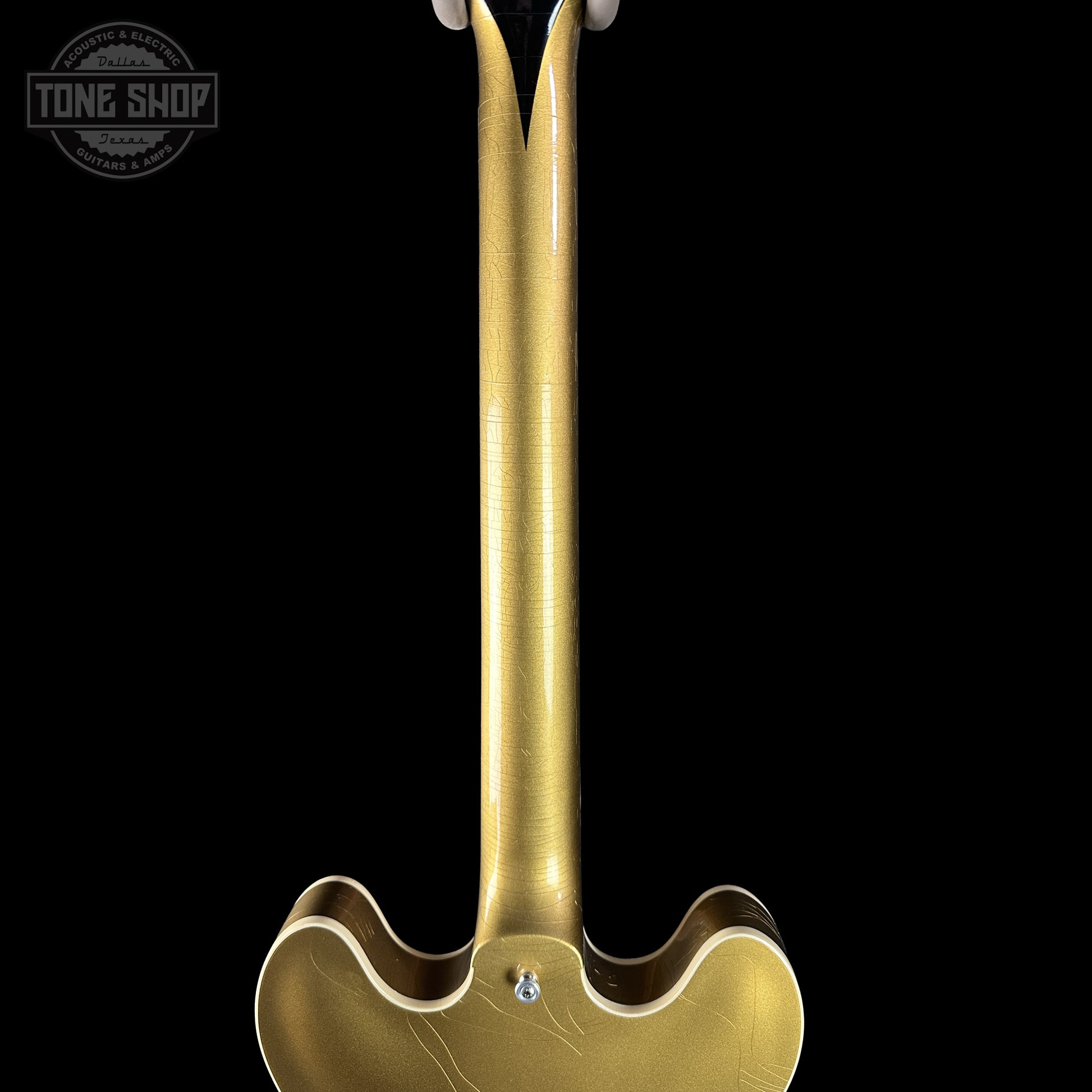 Back of Gibson Custom Dealer Select 1964 ES-335 Double Gold w/Black Stinger Ultra Light Aged neck.