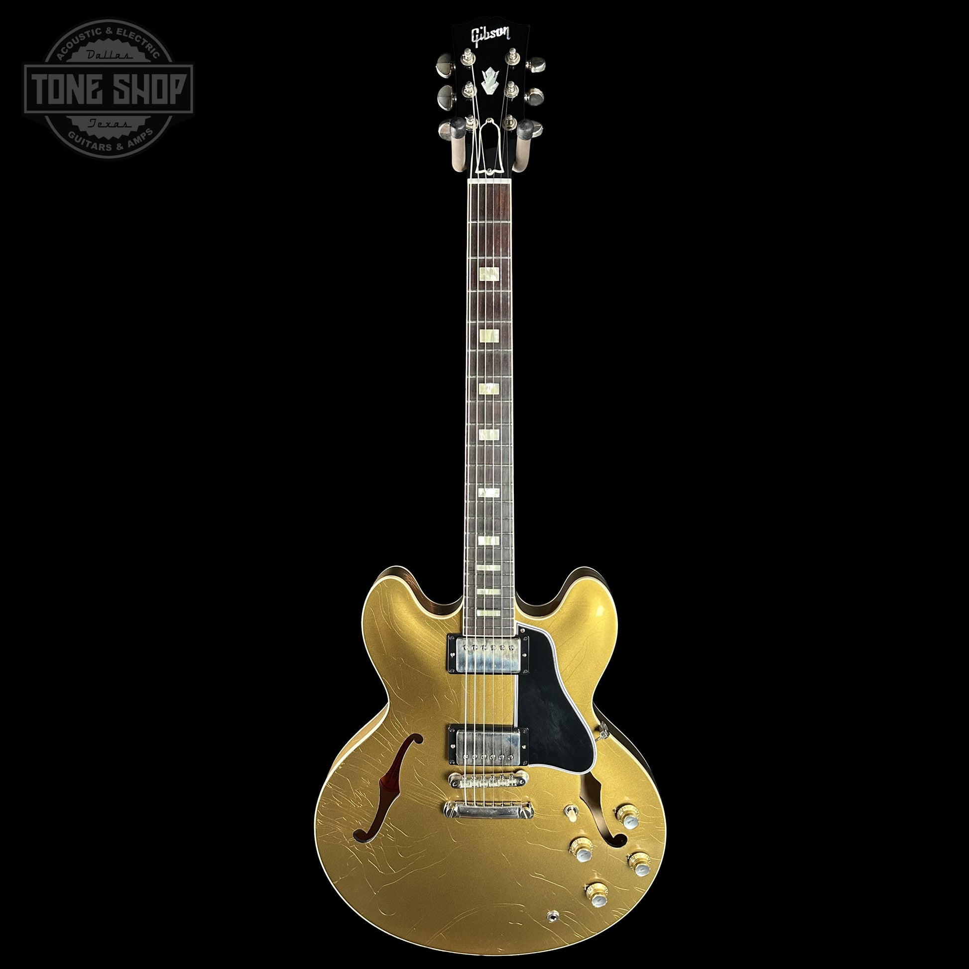 Full frontal of Gibson Custom Dealer Select 1964 ES-335 Double Gold w/Black Stinger Ultra Light Aged.