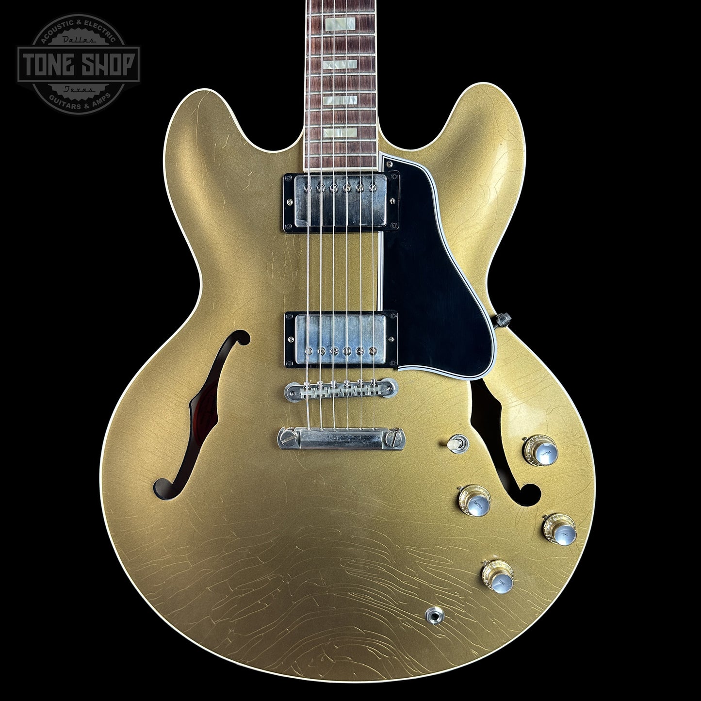 Front of Gibson Custom Dealer Select 1964 ES-335 Double Gold w/Black Stinger Ultra Light Aged 131340.