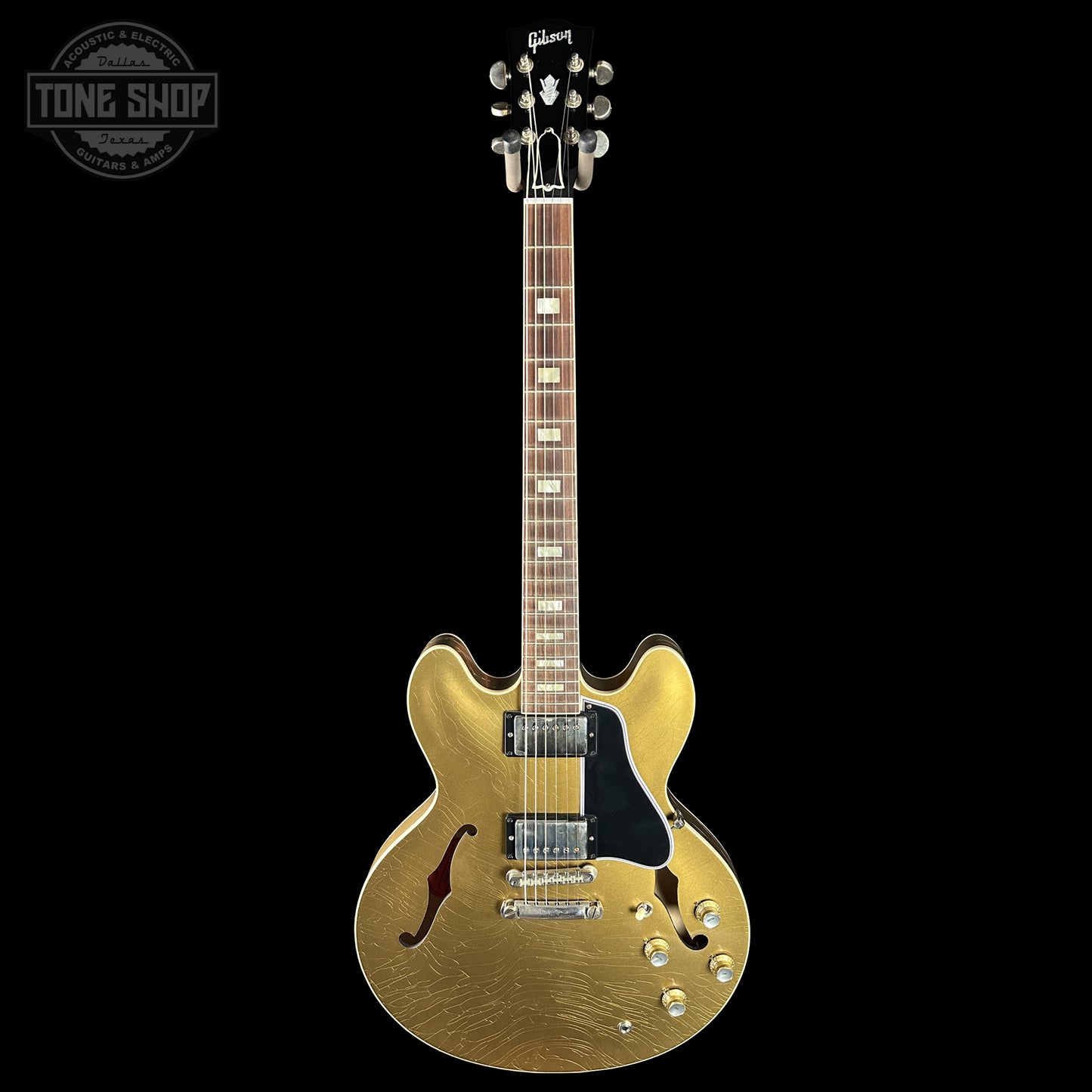 Full frontal of Gibson Custom Dealer Select 1964 ES-335 Double Gold w/Black Stinger Ultra Light Aged 131340.