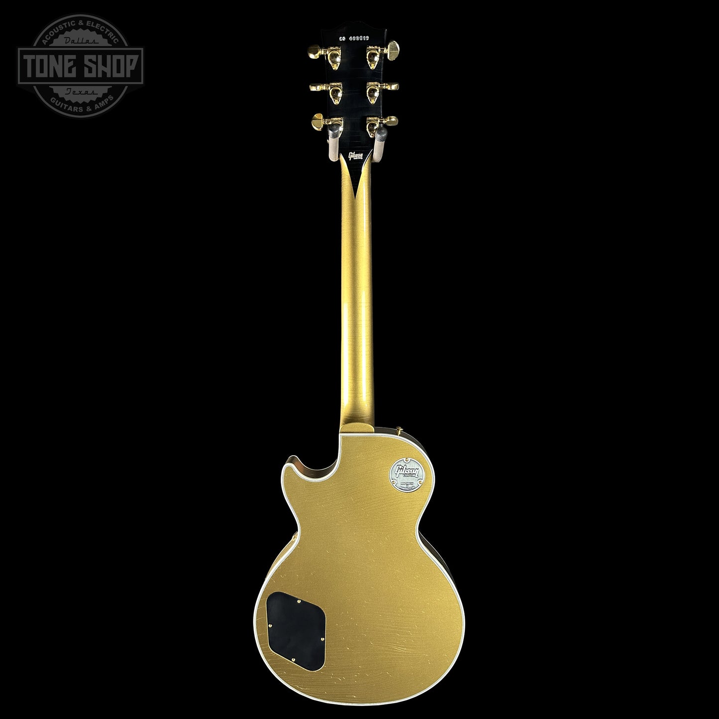 Back of Gibson Custom Dealer Select Les Paul Custom Chambered Double Gold Ultra Light Aged.