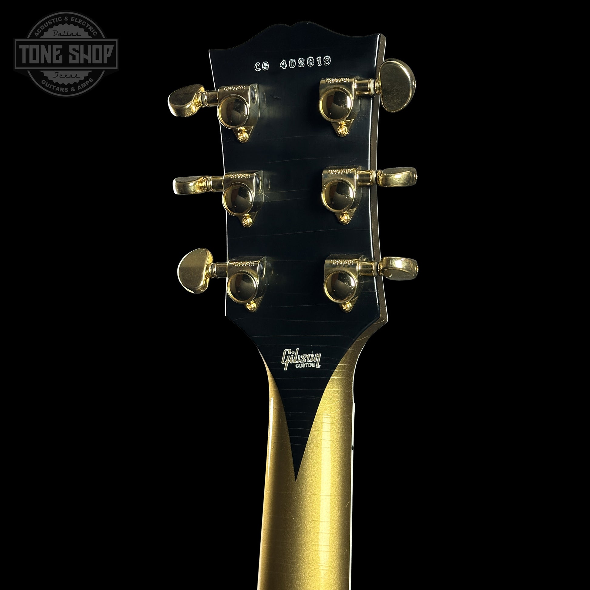 Back of Gibson Custom Dealer Select Les Paul Custom Chambered Double Gold Ultra Light Aged headstock.