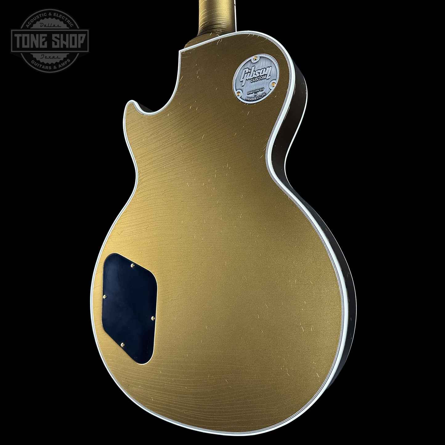 Back right angle of Gibson Custom Dealer Select Les Paul Custom Chambered Double Gold Ultra Light Aged.