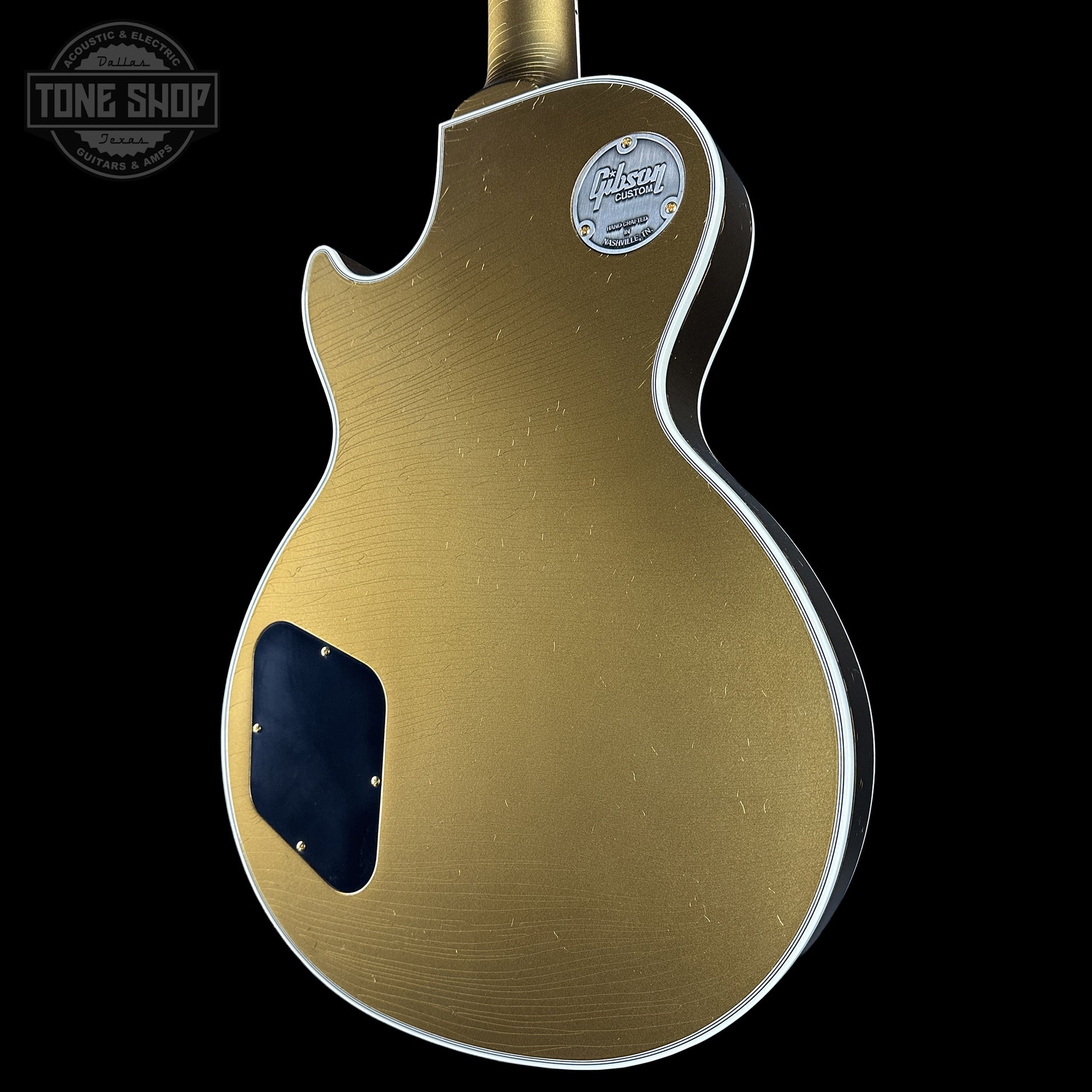 Back right angle of Gibson Custom Dealer Select Les Paul Custom Chambered Double Gold Ultra Light Aged.