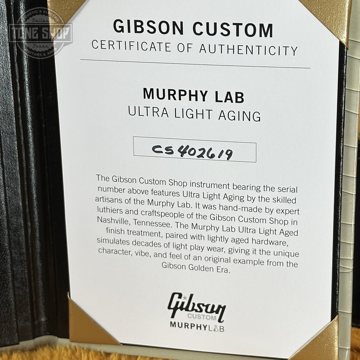 Certificate of Authenticity for Gibson Custom Dealer Select Les Paul Custom Chambered Double Gold Ultra Light Aged.