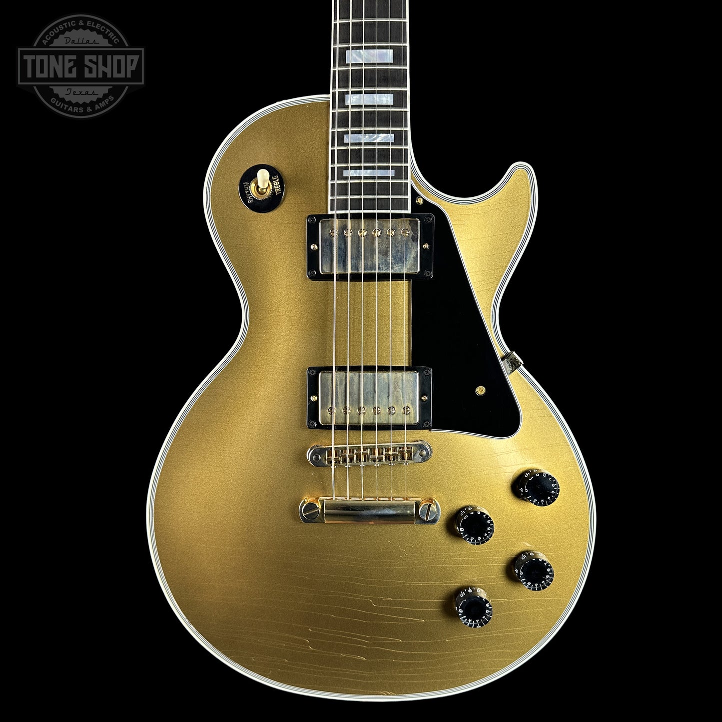 Front of Gibson Custom Dealer Select Les Paul Custom Chambered Double Gold Ultra Light Aged CS402646.