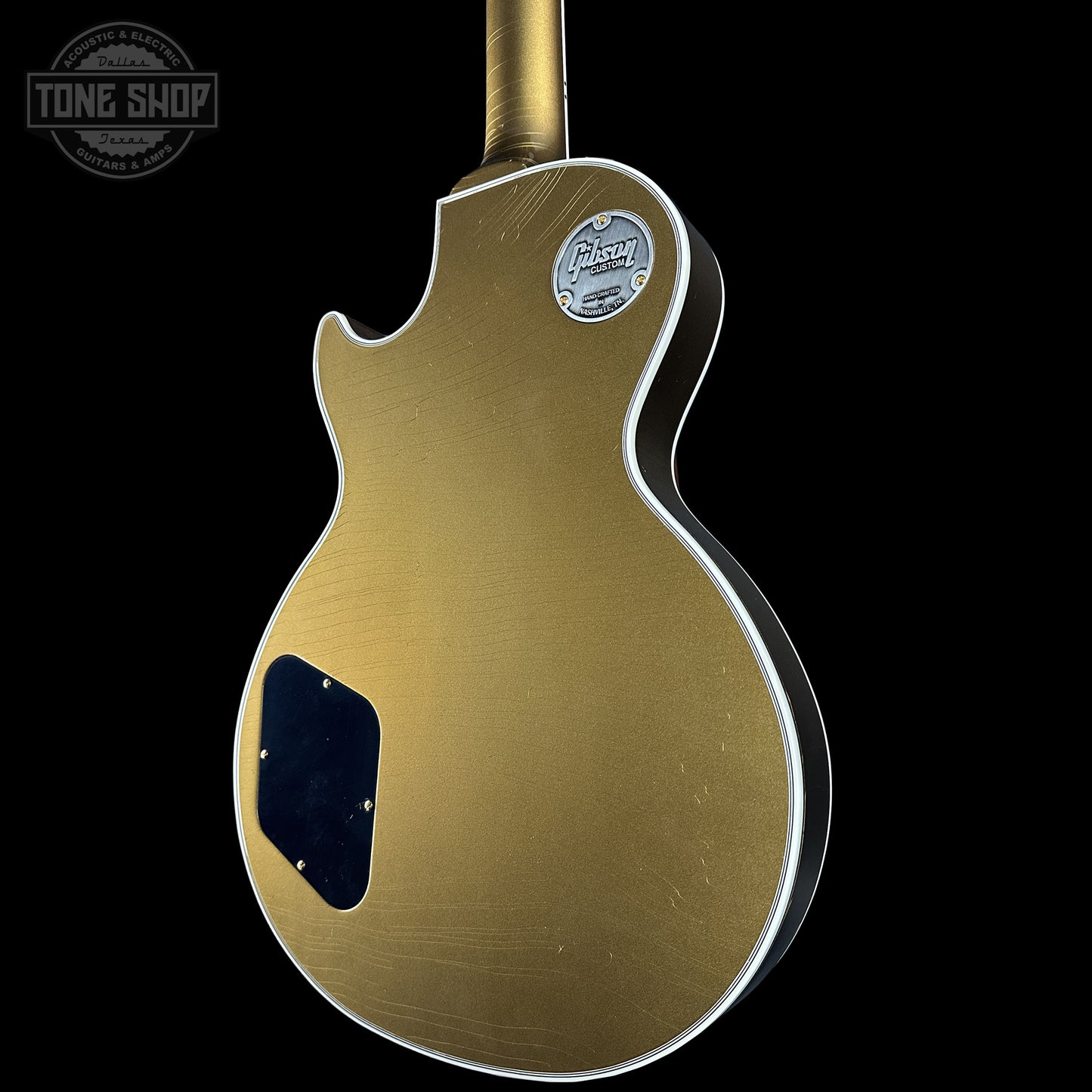 Back right angle of Gibson Custom Dealer Select Les Paul Custom Chambered Double Gold Ultra Light Aged CS402646.