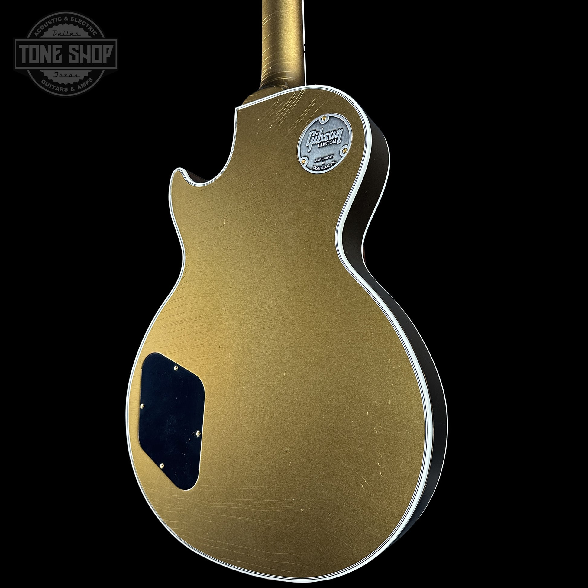 Back right angle of Gibson Custom Dealer Select Les Paul Custom Chambered Double Gold Ultra Light Aged CS402646.