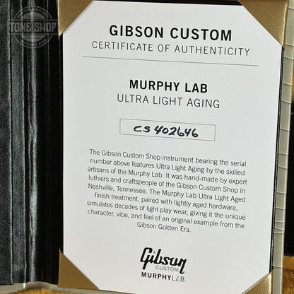 Certificate of Authenticity for Gibson Custom Dealer Select Les Paul Custom Chambered Double Gold Ultra Light Aged CS402646.