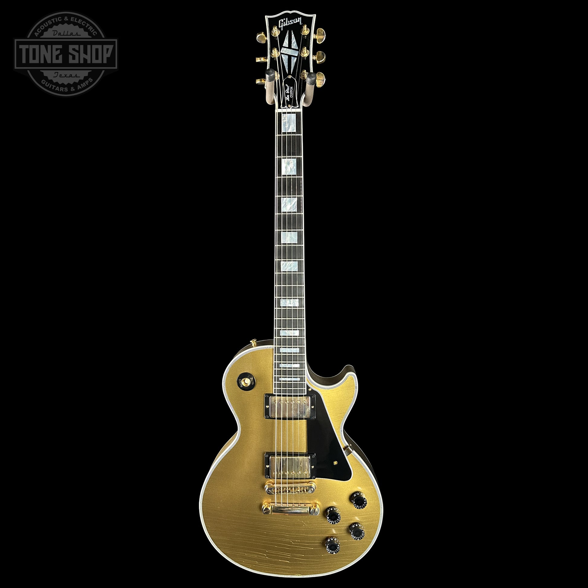 Full frontal of Gibson Custom Dealer Select Les Paul Custom Chambered Double Gold Ultra Light Aged CS402646.