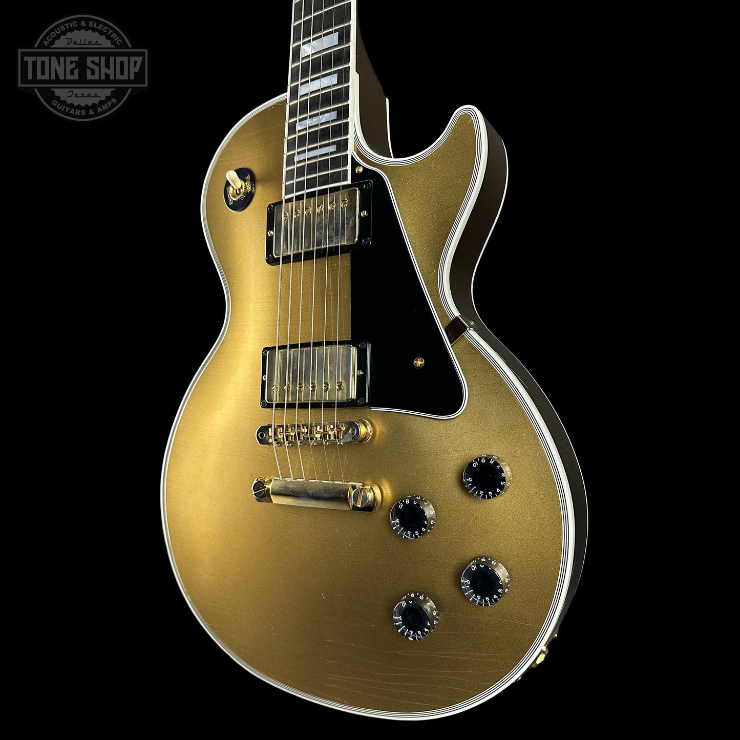 Front right angle of Gibson Custom Dealer Select Les Paul Custom Chambered Double Gold Ultra Light Aged CS402646.