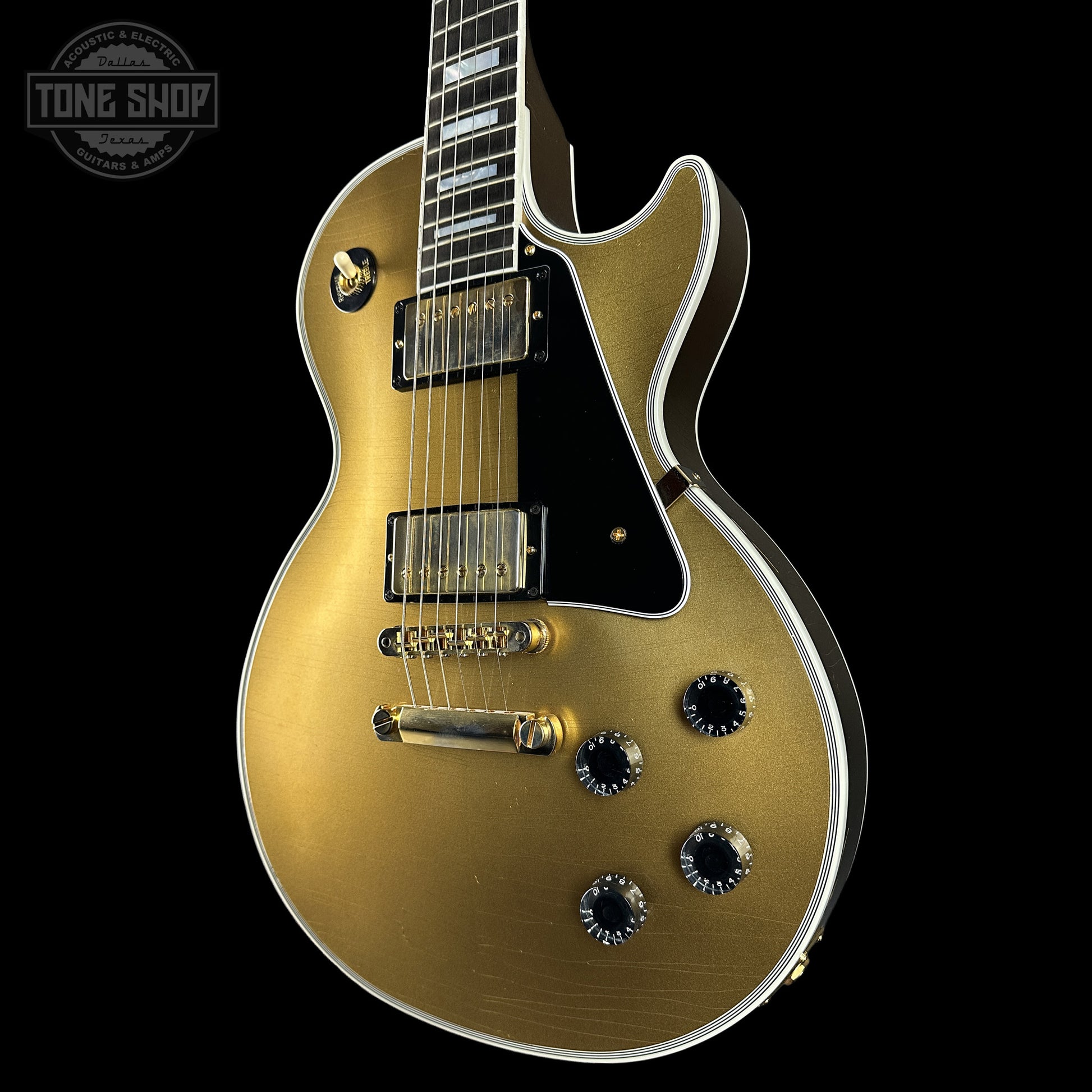 Front right angle of Gibson Custom Dealer Select Les Paul Custom Chambered Double Gold Ultra Light Aged CS402646.