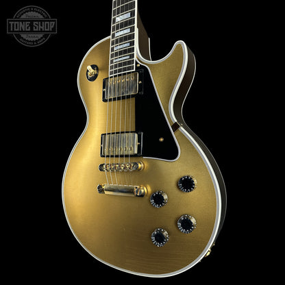 Front right angle of Gibson Custom Dealer Select Les Paul Custom Chambered Double Gold Ultra Light Aged CS402646.